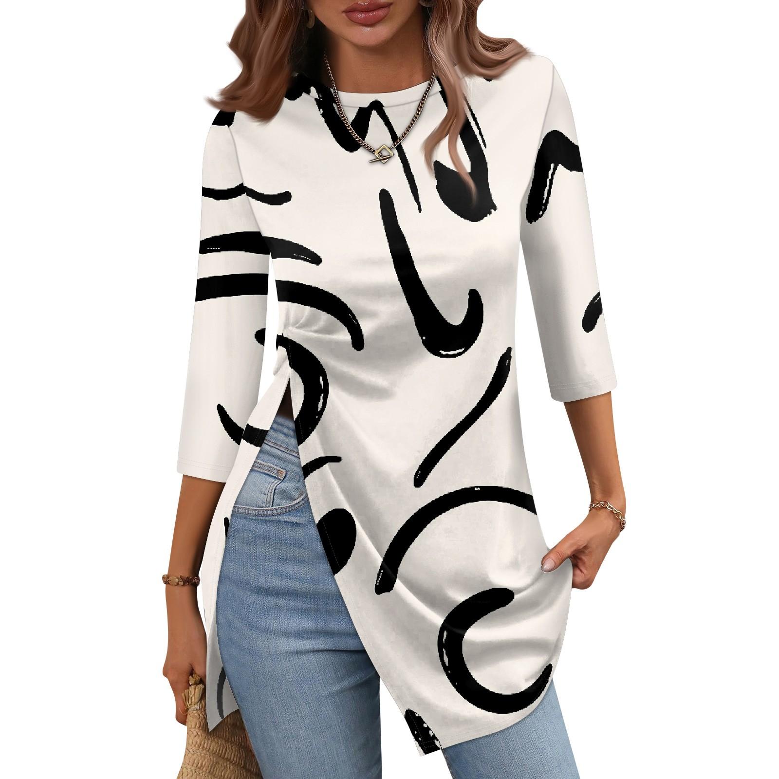 

Женская модная повседневная футболка с разрезом подол, круглый вырез, рукав 3/4, короткий рукав L бежевый