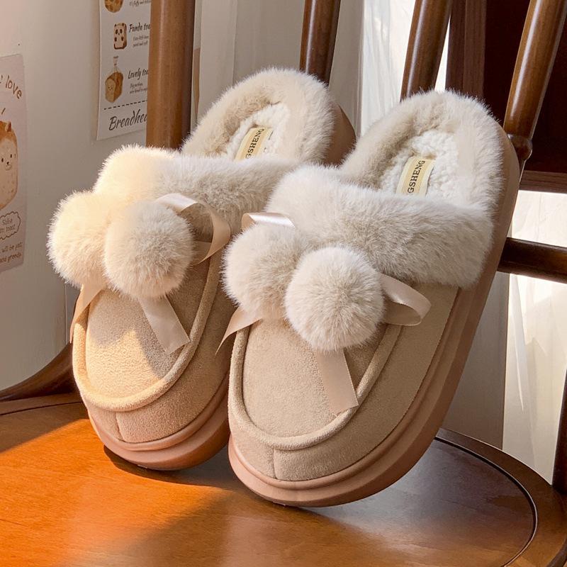 New Hairy Double Ball Bow Home Cotton Slippers Winter Indoor Velvet Warm Non-slip Slippers Can Be Worn Outside