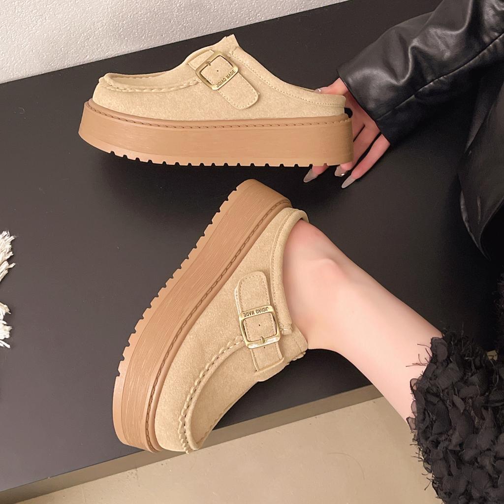Retro Casual Muffin Sole Single Shoes Women's Spring Buckle British Versatile Fashion Platform Slippers One Pedal Loafers