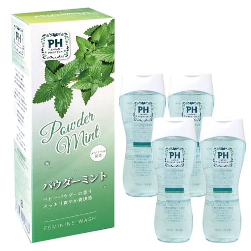 PH JAPAN Premium Feminine Wash Soap for Delicate Areas, 150ml (Powder Mint) (4 Bottles) + Hair Tie (Color Random) Set. Safe and Secure, Mildly Acidic,