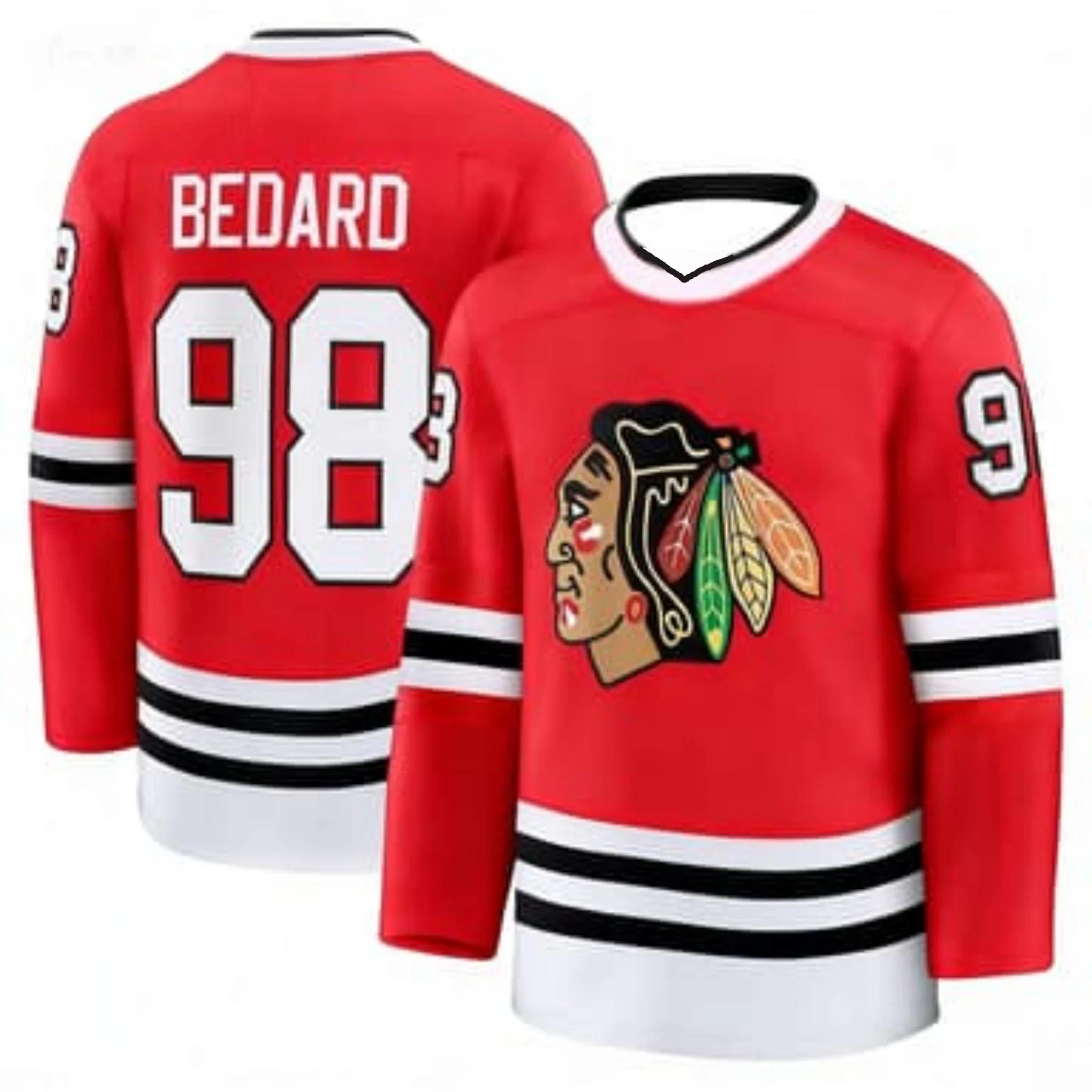 Хоккейный джерси Chicago Blackhawks Бедард 98 Принт Футболка Удобный базовый слой с длинным рукавом Футболка с V-образным вырезом Футболки для родителей 5XL красный