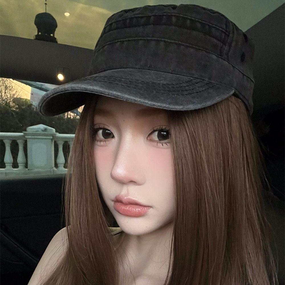 Y2k Flat Top Hat Washed Cotton Visor Hat Casual Cadet Cap  Unisex