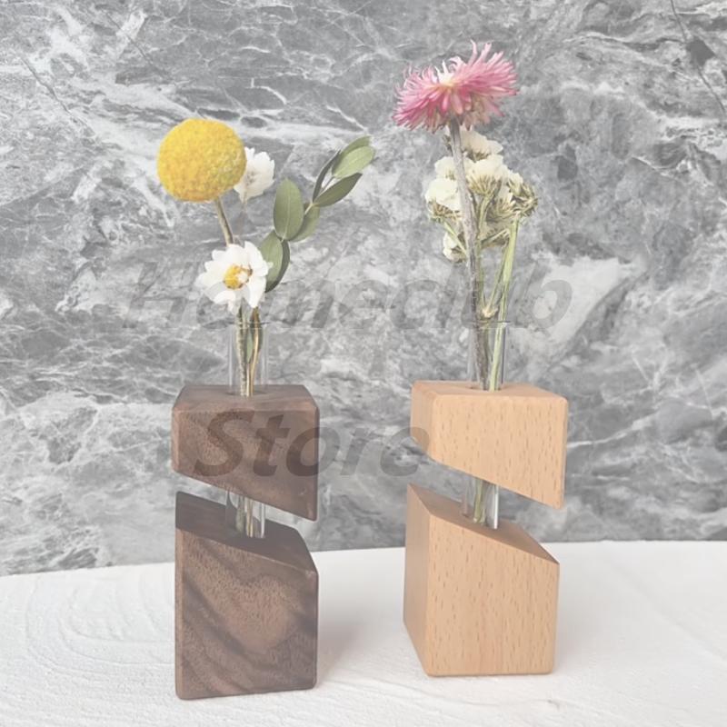 Solid Wood Hydroponic Green Plant Flower Vase Desktop Ornaments Glass Wall-mounted Vase Decorative Ornaments