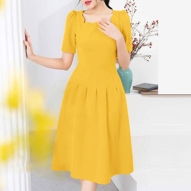 

ZANZEA Женское летнее платье с квадратным вырезом, однотонное, повседневное, с коротким рукавом S жёлтый