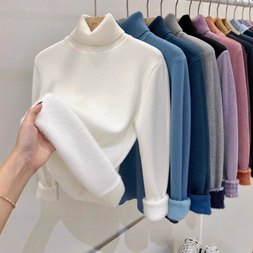 One Piece Velvet High Neck Sweater with Thickened Velvet for Women, Autumn and Winter New Warm Long Sleeved Base Sweater