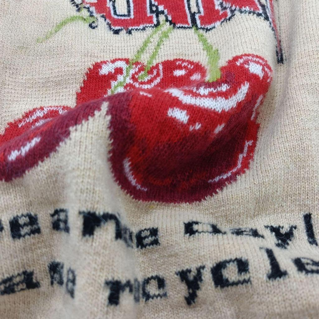 Cherry Jacquard Wool Blend Round Neck Loose Pullover Sweater