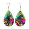 Colorful Fashion Drop Shape PU Leather Earrings for Women Creative Pink Golden Leaf Pattern Drop Earrings
