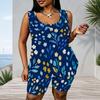 Women Plus Size Blue Black Abstract Printed Scoop Neck Sleeveless Tank Top Fitted Shorts Two Piece Set