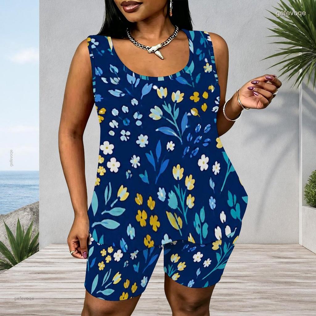 Women Plus Size Blue Black Abstract Printed Scoop Neck Sleeveless Tank Top Fitted Shorts Two Piece Set