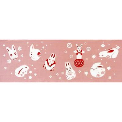 Someno Anbo Tenugui "Tenohira Usagi Peach" - Hand-dyed 100% Cotton, Tokuoka Fabric, Made In Japan, 35cm X 100cm