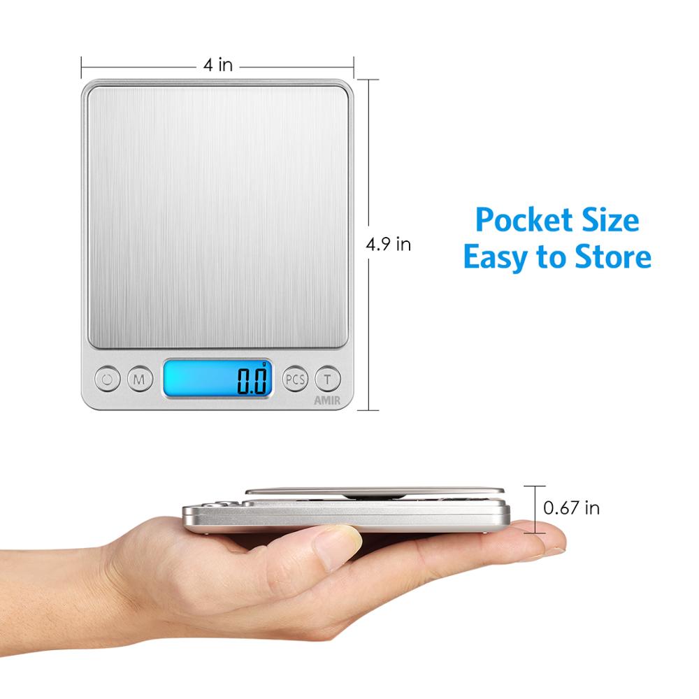 AMIR Digital Kitchen Scale 3kg/0.1g Mini Pocket Cooking Food Scales Stainless Steel Jewelry Scale with Back-Lit LCD Display