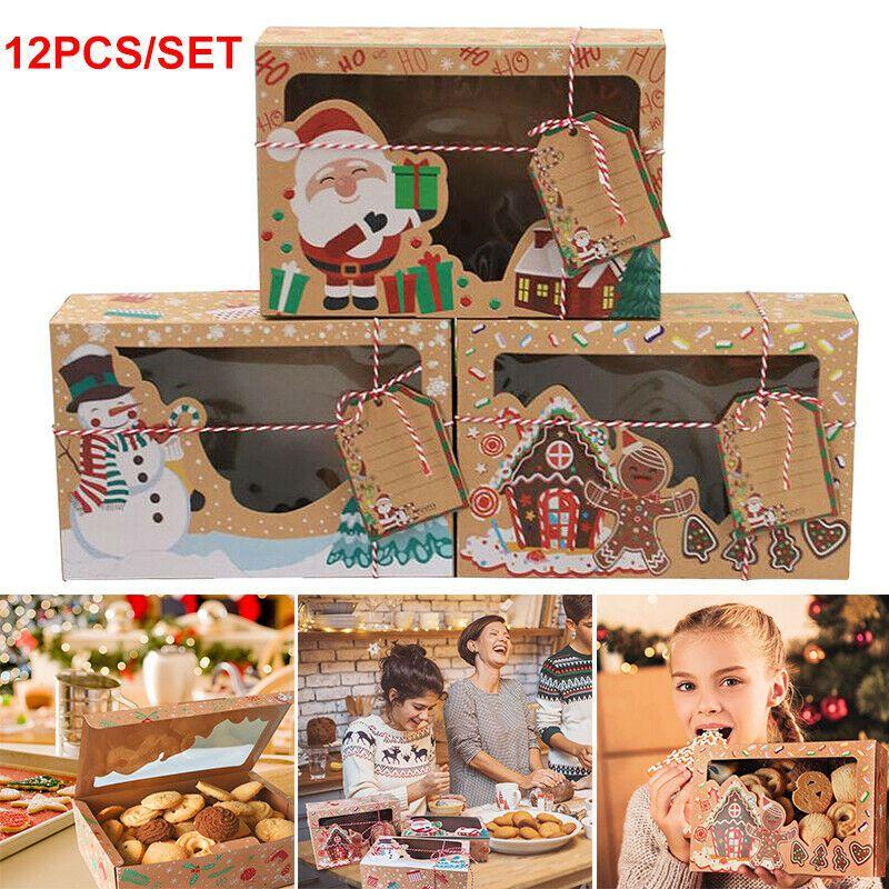 Kraft Paper 12pcs Christmas Gift Candy Cookie Muffin Cake Boxes Bakery Portable