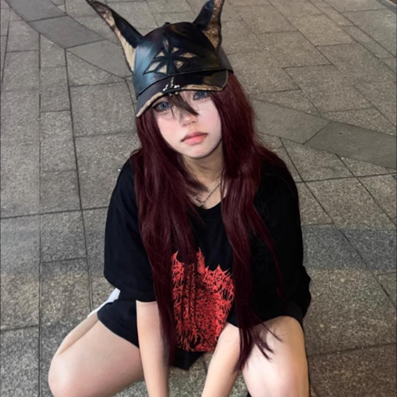 2000er Hundeohren Baseballkappe für Damen Herren Dystopische PU-Lederkappe Subkulturen Streetwear HipHop-Kappe Tägliche Party Kopfbedeckung