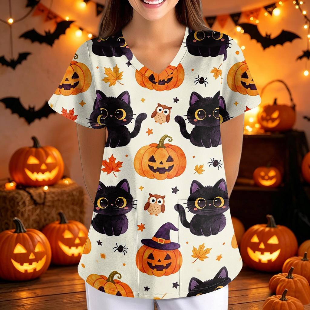 Loose Fit V Neck Short Sleeve Halloween Print Medical Scrub Top with Pockets for Women Comfortable Workwear for Healthcare Professionals