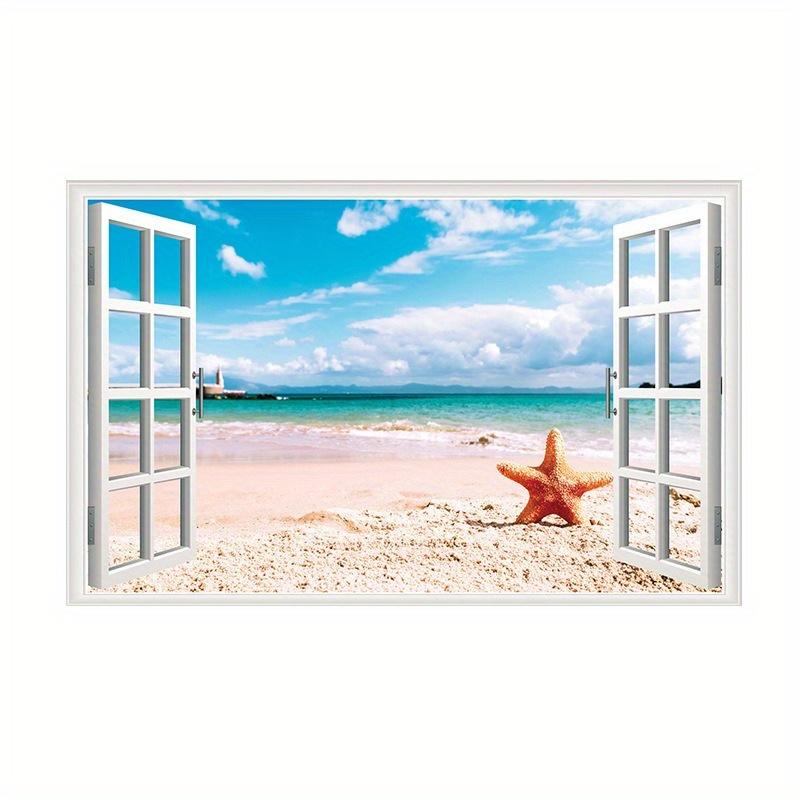 Autocolante false pentru ferestre peisaj natural 3D Sakura Tree Beach Building Wall Art Decalcomanie murală Home Office Decoration Tapet de vinil