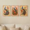 Livin'luxe Set of 3 Peacock Floral Wall Paintings for Living Room Bedroom Home Decor with Premium Wooden Color Synthetic Frame, Ethnic Art
