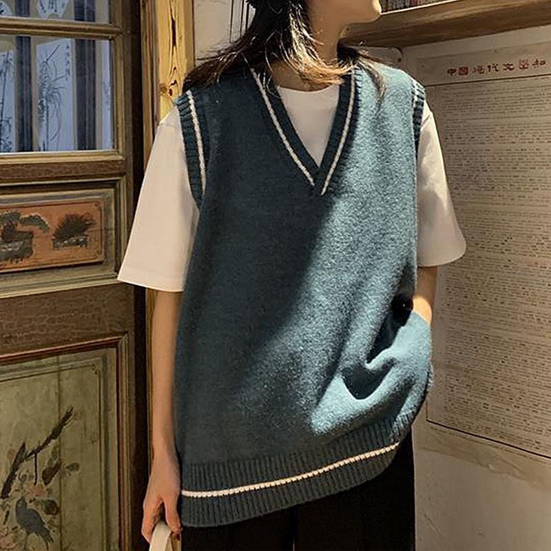 Y2K Style Women's Knitted Sweater Vest New Oversized Knitwear All-Match Pullover Tops V Neck Sleeveless Girls Retro Jumpers