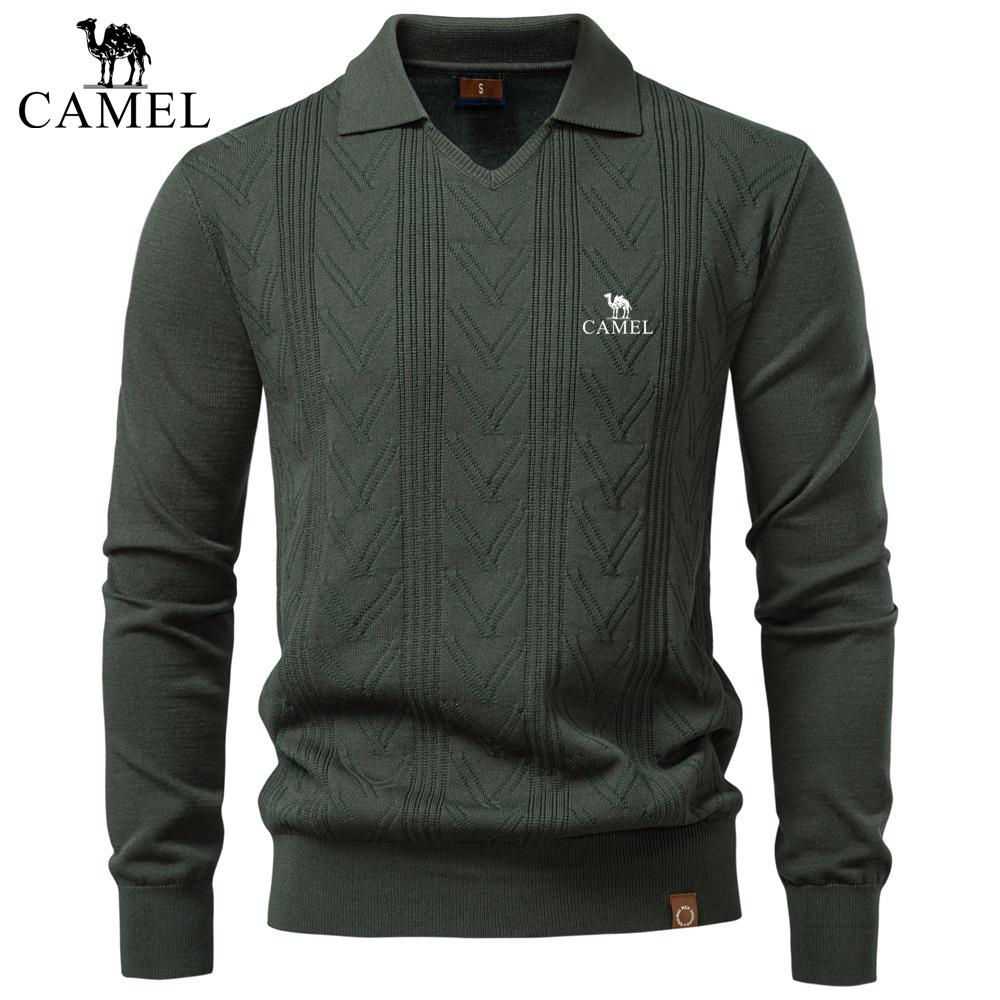 

CAMEL 2026 Autumn and Winter New Embroidery Men s Jacquard Sweater Men s Pullover Sweater Solid Color V-neck Knitted Sweater Men S