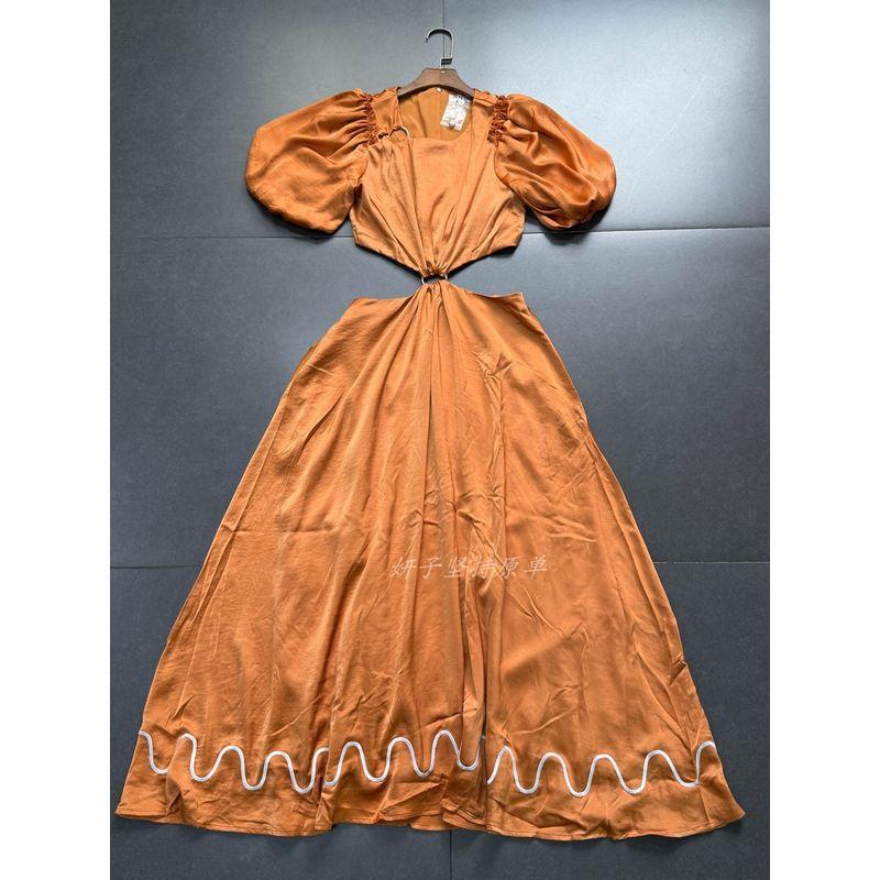 

Foreign Trade Order Imitation Silk Texture Satin Waist-Exposed Advanced A Word Swing Metal Buckle Long dress Dress Citrus-Orange Maxi Dress L
