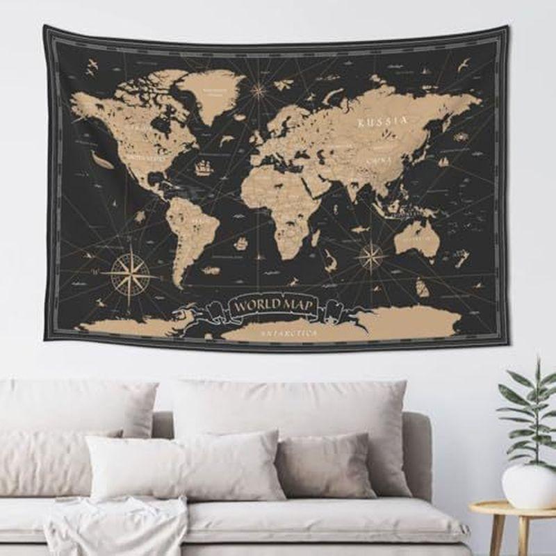 Polyester Vintage Antique World Map Tapestry, Retro Travel Wall Hanging, Living Room Study Bedroom Decor, Gift