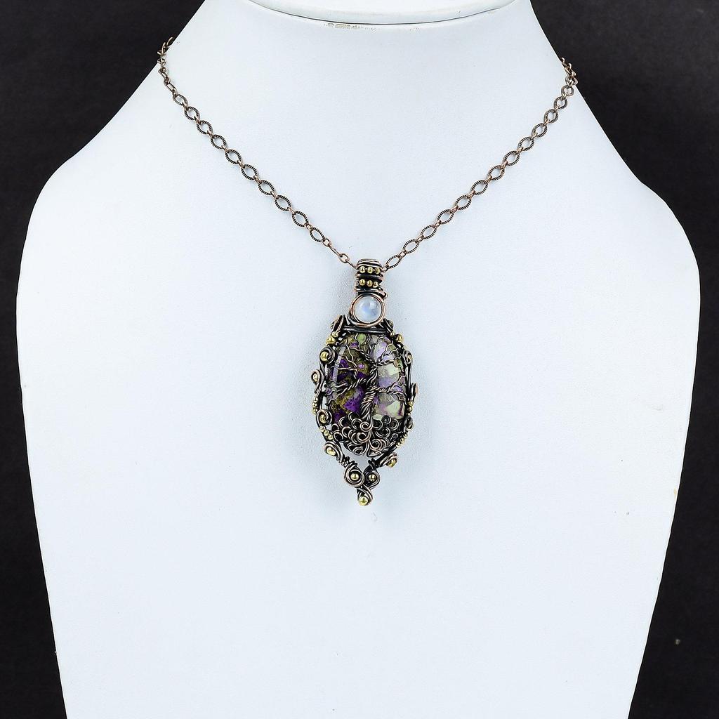 Tree Of Life Copper Purpurite Pendant Copper Wire Wrapped Rainbow Moonstone Pendant Handmade Jewelry Gemstone Pendant Copper Jewelry For Mom