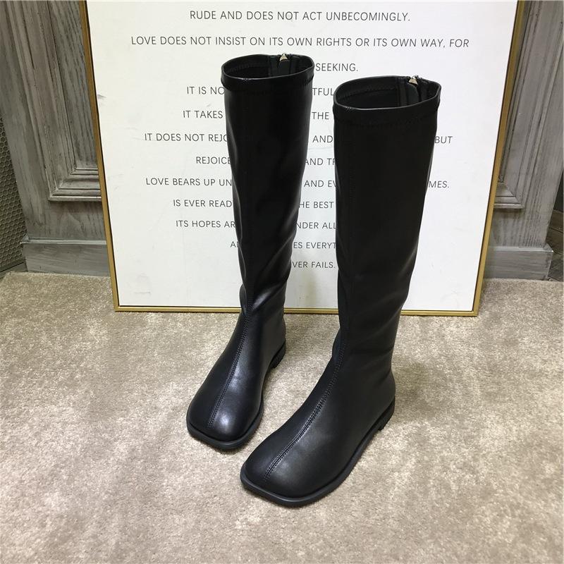 South Korea Dongdaemun autumn and winter new square head retro flat bottom elastic high boots British style female tide