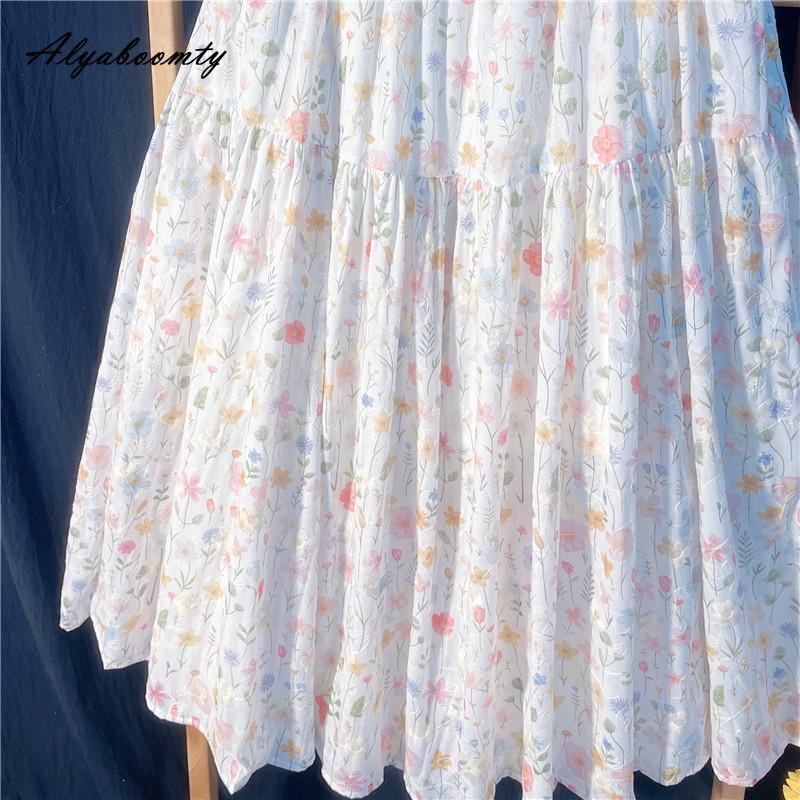 Japanese Mori Girl Spring Summer Women Midi Skirt Elastic Waist Colorful Floral Sweet Skirt Elegant Feminine Ladies' Pretty Skirt