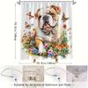1pc English Bulldog Shower Curtain, Dreamy Watercolor Art, Colorful Garden and Butterflies, Includes 12 Hooks, 70.8x70.8 Inches
