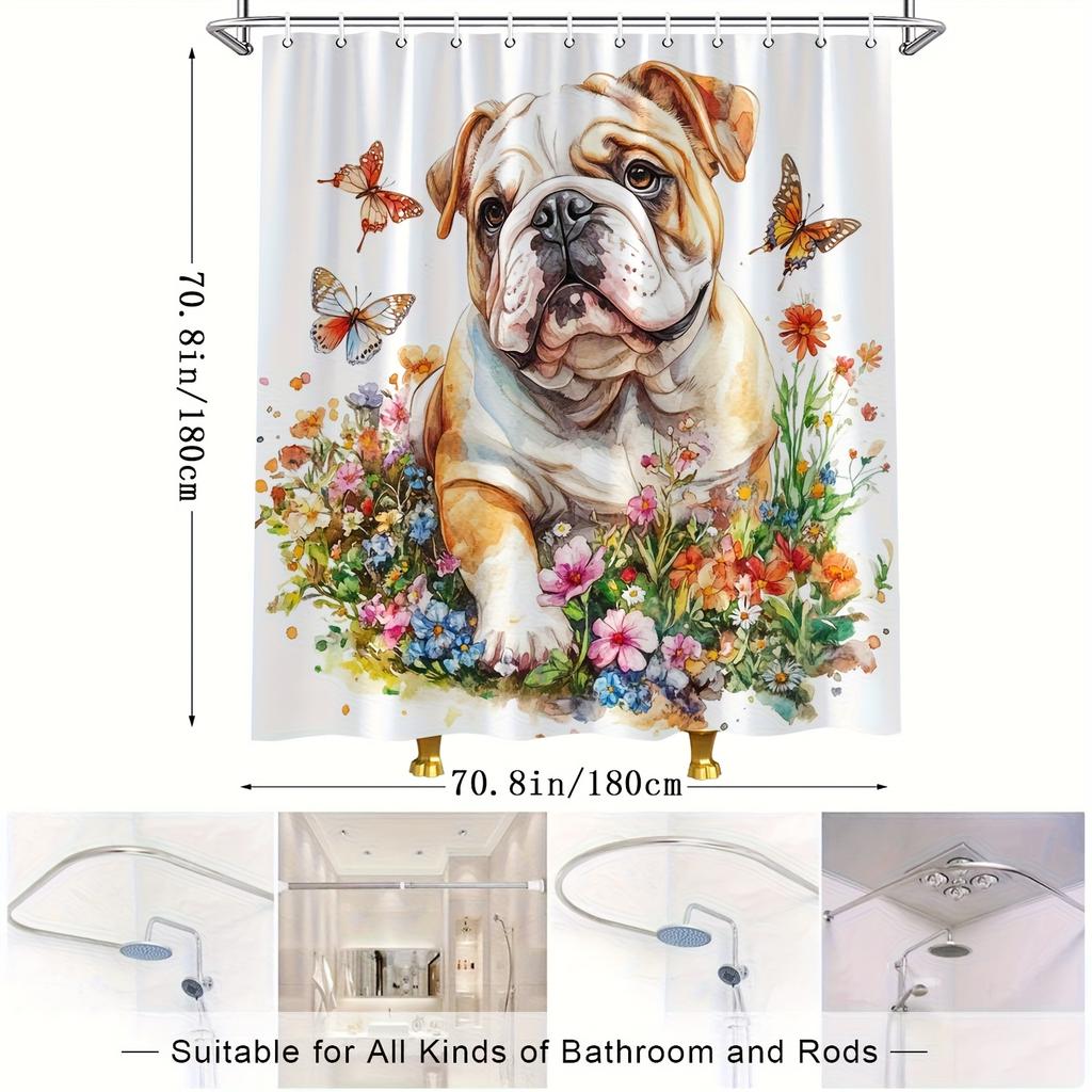 1pc English Bulldog Shower Curtain, Dreamy Watercolor Art, Colorful Garden and Butterflies, Includes 12 Hooks, 70.8x70.8 Inches