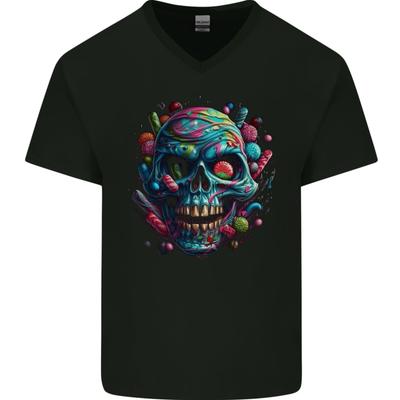 Candy Skull Mens V-Neck Cotton T-Shirt