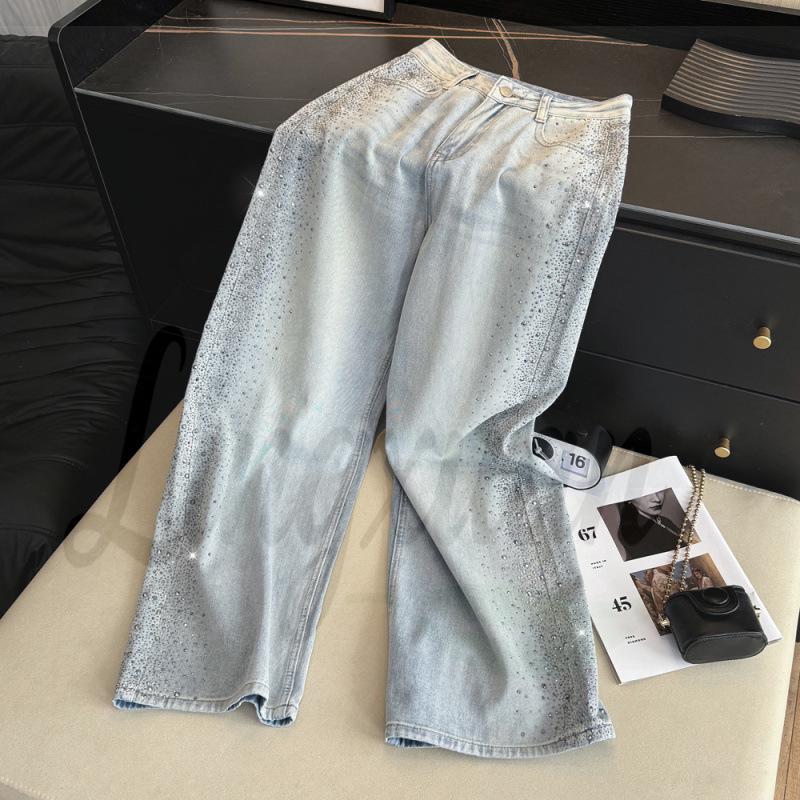 Li Wanjun Korean Style High-Waist Straight Leg Slimming Denim with Large Particle Rhinestones