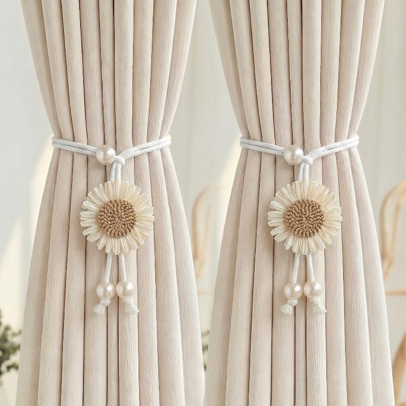 Sunflower Curtain Straps, Rustic Style, No Hole Tying Straps, Pearl Decoration, Flower Curtain Buckles, Bay Windows, Screen Curtains, Tying Ropes