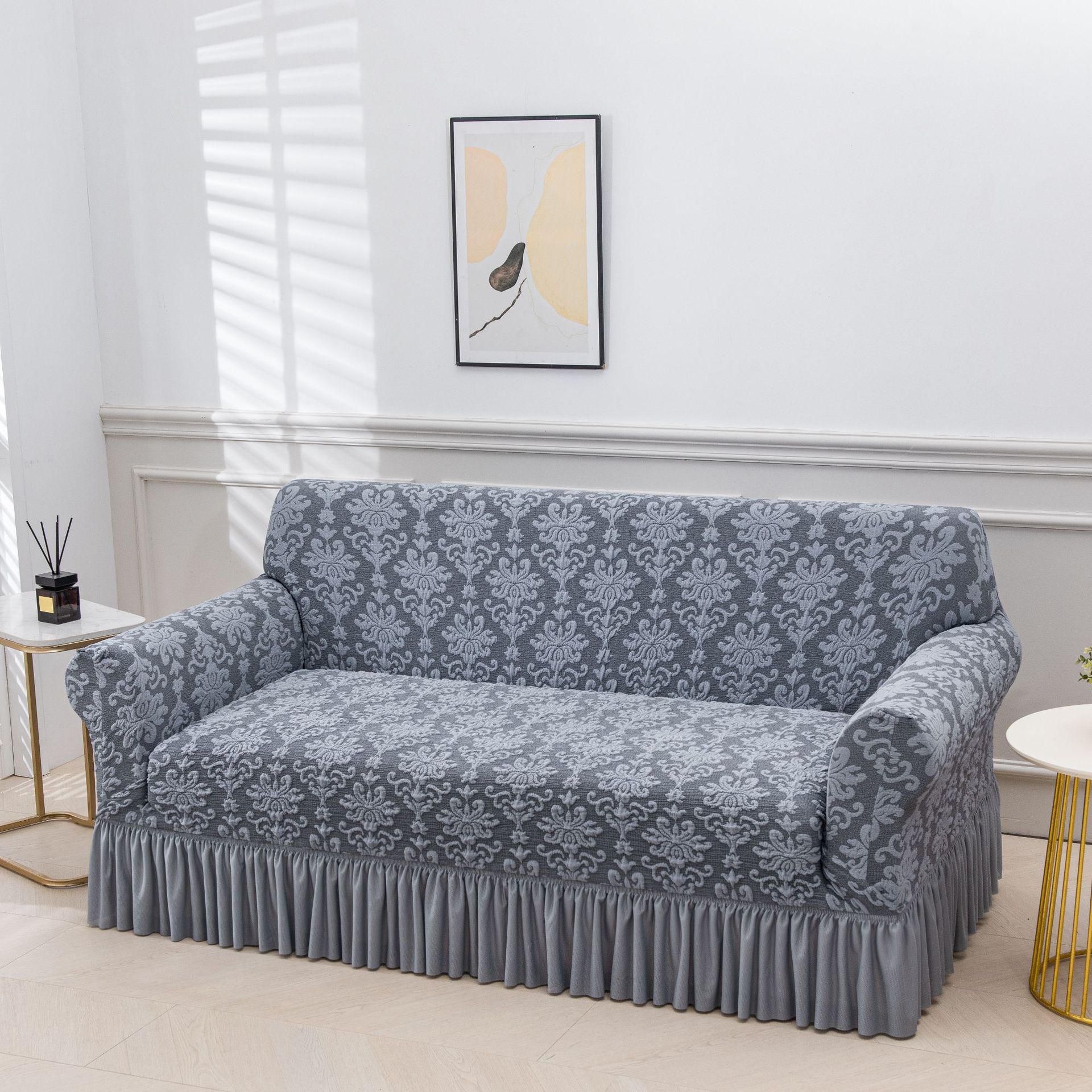 Black Silk Embossed Jacquard Sofa Cover Skirt Style Elastic Sofa Cover Living Room Combination Anti-slip Elastic Sofa Cover 1 seater 90-140cm серый