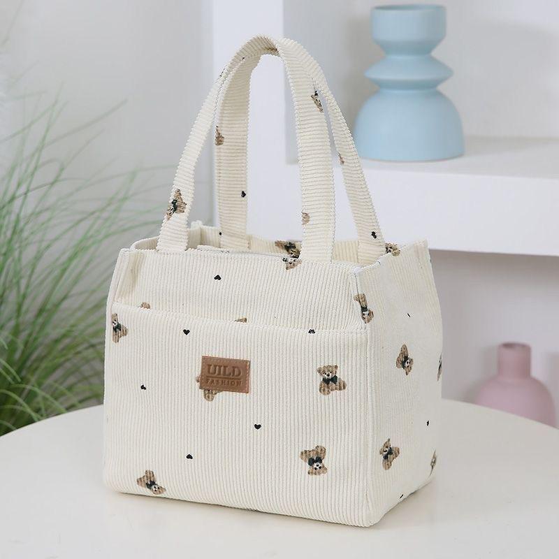 

Милая вельветовая сумка с принтом медведя, универсальная, сумка для ланча для офисного работника, сумка-тоут белый