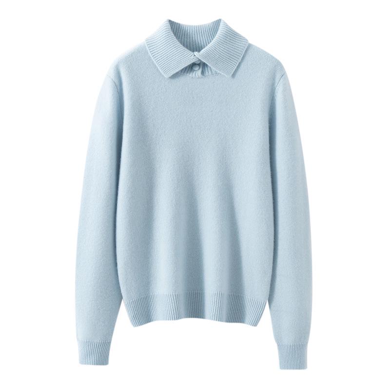Women's Solid Color Cashmere Sweater: Lapel Buckle, Loose Fit, Thick Knit for Autumn/Winter 2026.