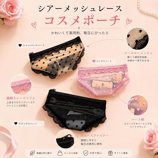 MALFY Mesh Pouch, Heart Pattern, Lace, Pant-Shaped, Cosmetic Pouch, Makeup Pouch, Pencil Case, Acces