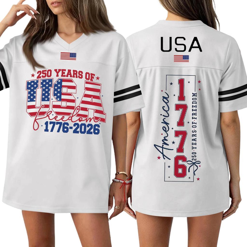 T-shirt Sport Haut Casual Mode Femme Col en V Impression Jour de l'Indépendance Manches Courtes