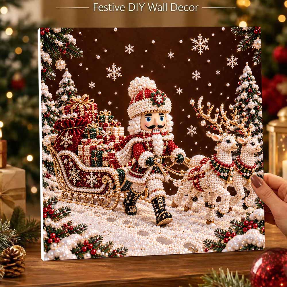DIY Framed Pearl Painting Kit with Nutcracker Santa Sleigh Reindeer 5D Sparkling Bead Art Canvas Ready to Display Home Decor Gift Idea