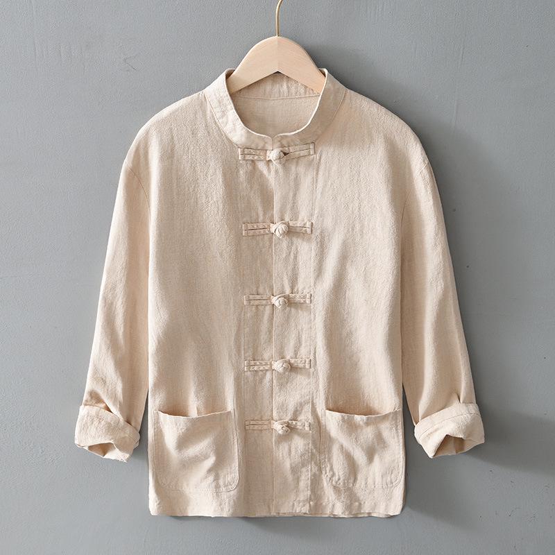 2026 Men's Chinese Style Cotton Linen Long Sleeve Tang Suit Hanfu Shirt, Plus Size Loungewear
