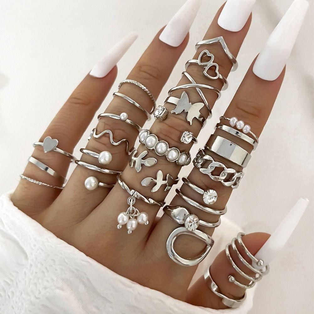 Gold/Silver Wave Joint Rings Set Alloy Love Chain Joint Ring 2024 Multi Style Ring Set Woman