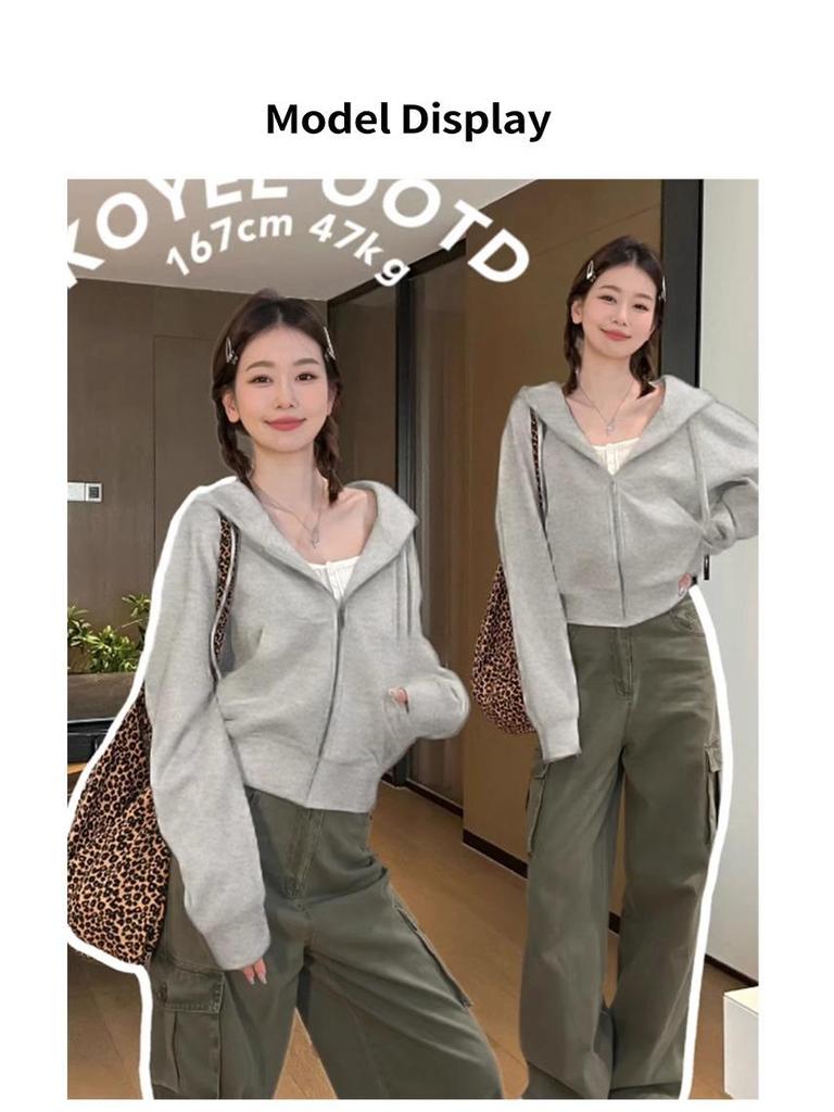 Gray Slim Fit Petite Korean Style Zip-Up Hooded Cardigan for Women, Ideal for Early Autumn/Spring Upper Outerwear