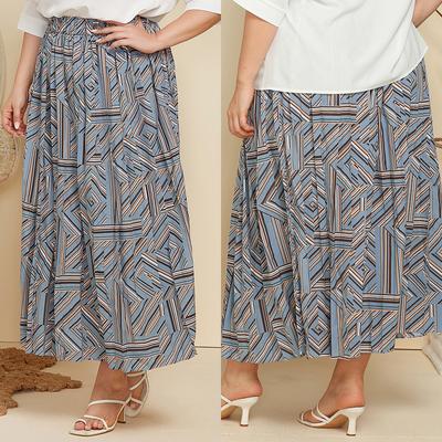 Plus Size Women Vintage Geometric Print Pleated Loose High Waist Long Skirt