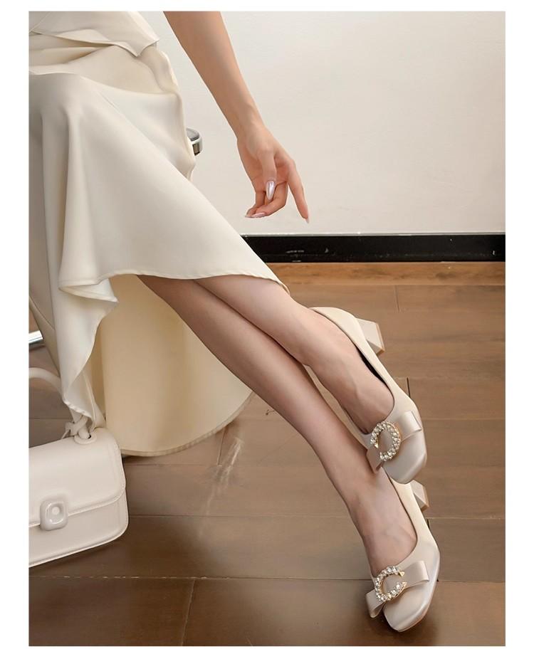 Fashion French Gentle Style with Skirt, Thick Heel, Shallow Opening Single Shoes, Spring and Autumn New Bow Square Toe High Heels