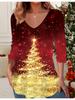 3D Christmas Tree Printed Fashion Casual Women's V-Neck Long Sleeve T-Shirt - New Year Party Clothing Holiday Gift
