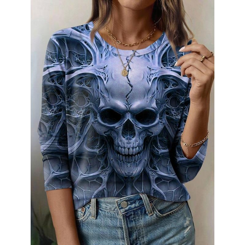 Ladies' Pattern Printed Round Neck Long Sleeve T-shirt Fashion Casual Top Pullover Clothing