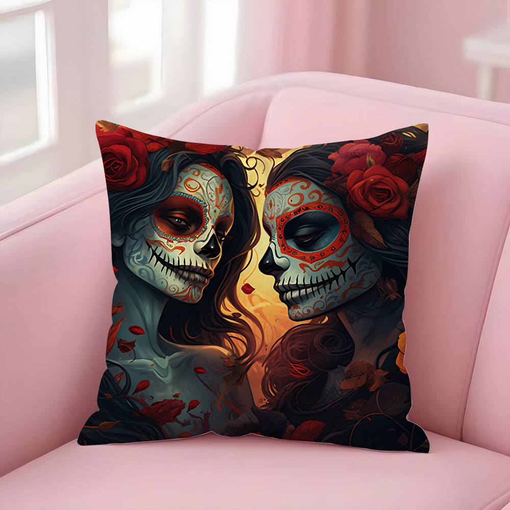 Poszewka na poduszkę Dziewczyna Cukrowa Czaszka Halloween Krótki plusz Dwustronny nadruk Kwadratowe poszewki na poduszki dekoracyjne Sofa Domowa Dekoracja poduszką