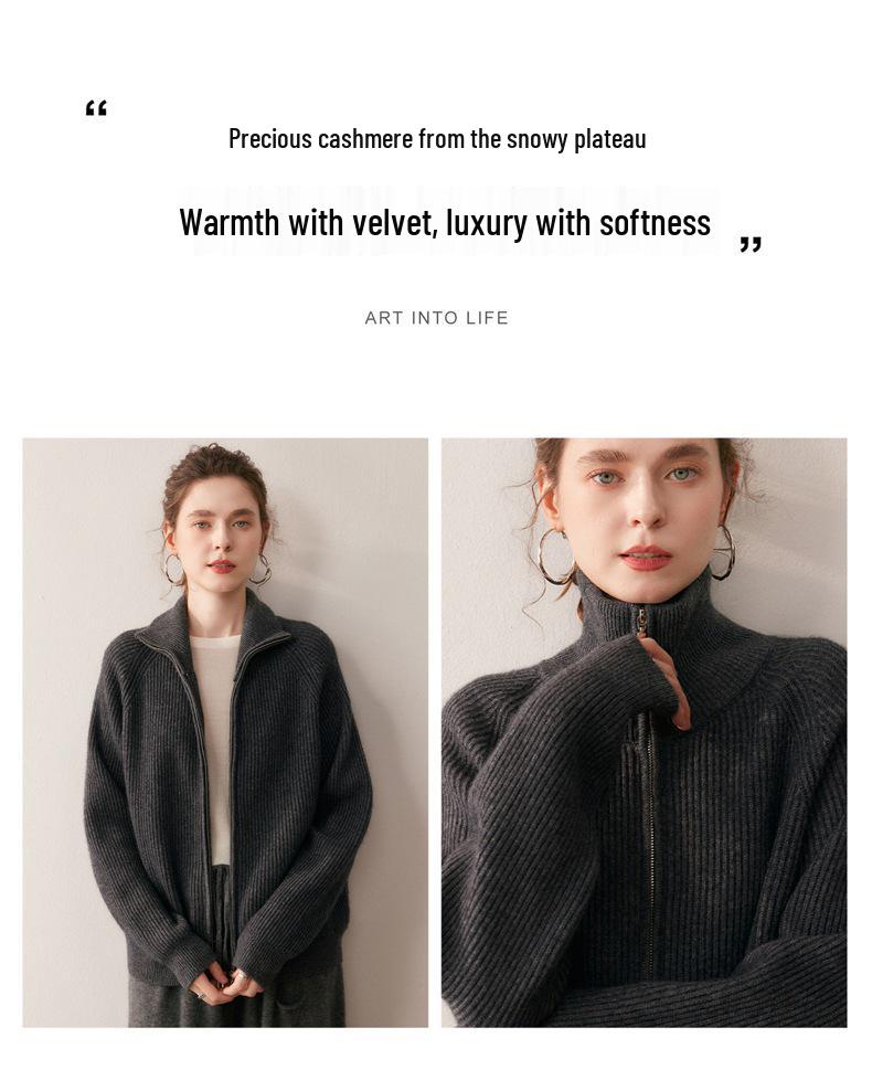 2025 Autumn/Winter Thick Double Zipper Cashmere Knit Cardigan for Women - High Collar Ribbed Long Sleeve Outerwear