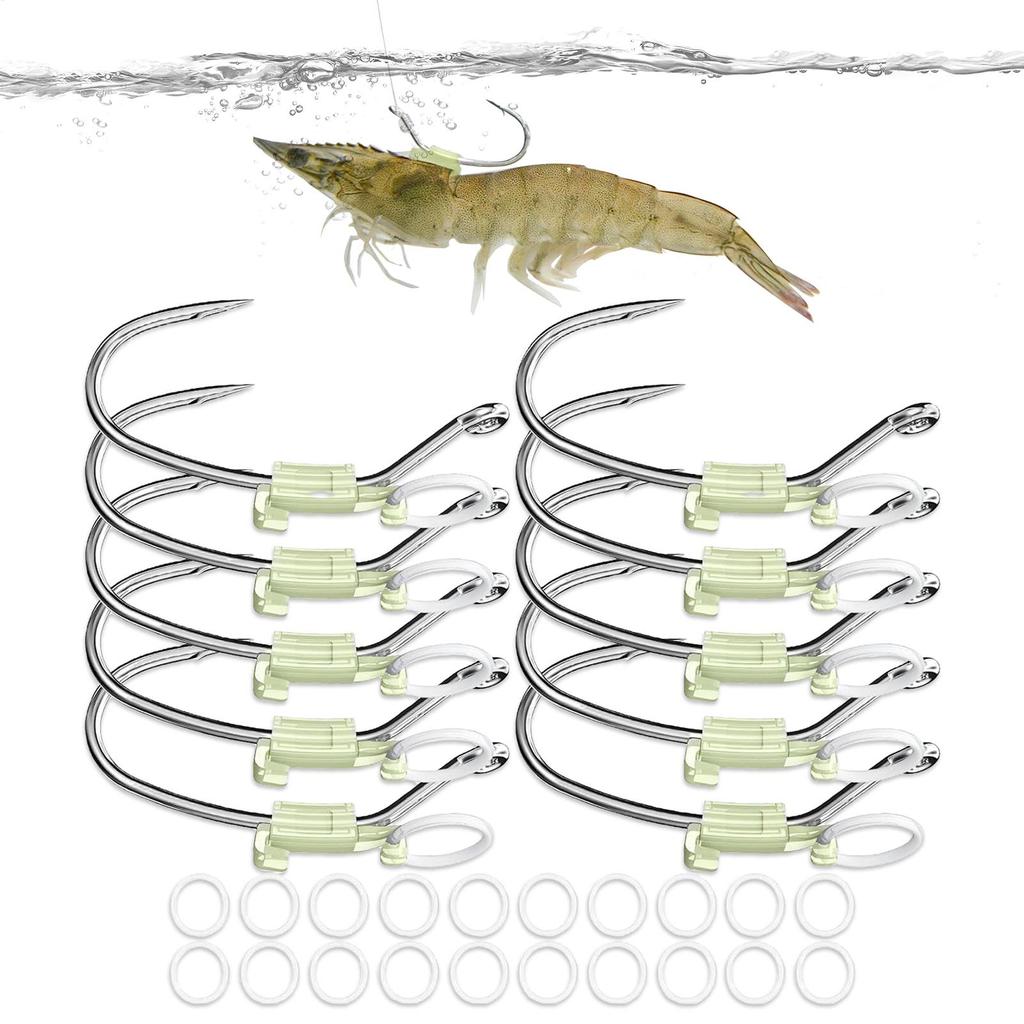 10pcs Live Shrimp Hook Luminous Bait Holder Set rbon Steel Fishing Hooks Barbed Baitholder Heavy Duty Metal Barbed Fishhook