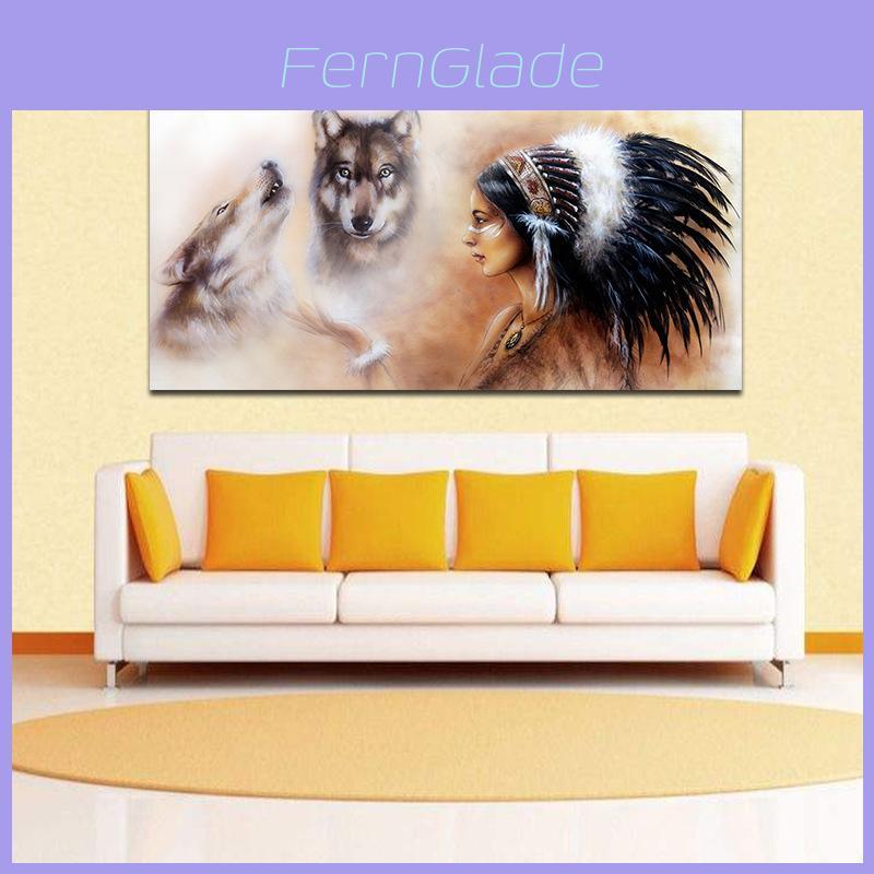 Indian Girl Wolf Wall Sticker Unique 3d Canvas Material For Decoration
