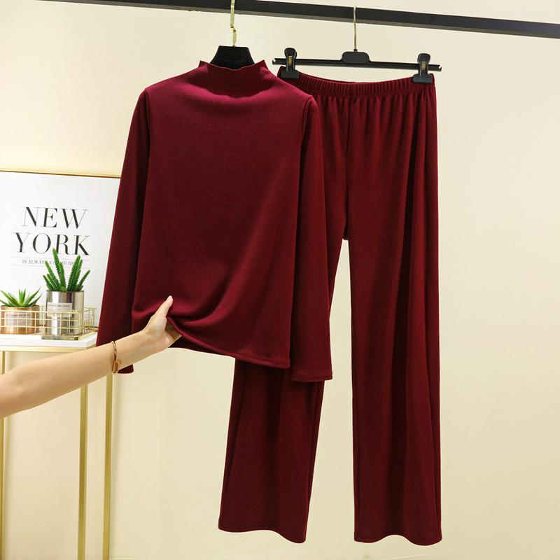 

Новый женский комплект из фактурной водолазки и повседневных брюк большого размера для осени и зимы L вино красного
